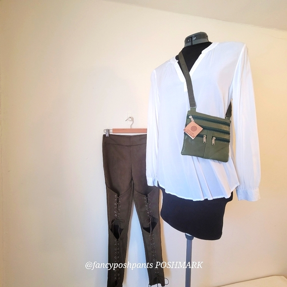 Cotton blend brushed legging pants hidden zipper coset gromet sage green vegan - Picture 5 of 17